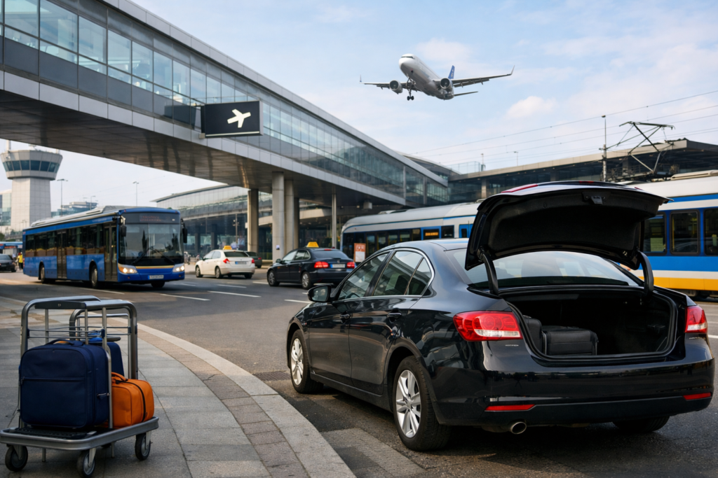 Ride-hailing pickup area at Krakow Airport terminal