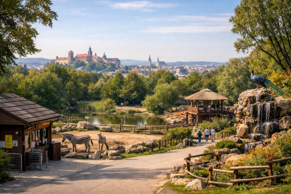 Krakow Zoo entrance surrounded by trees