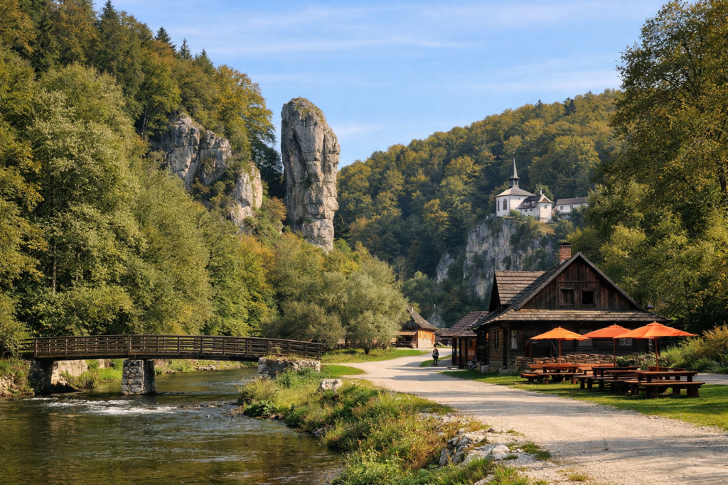 Ojców National Park valley with limestone cliffs and forested hills