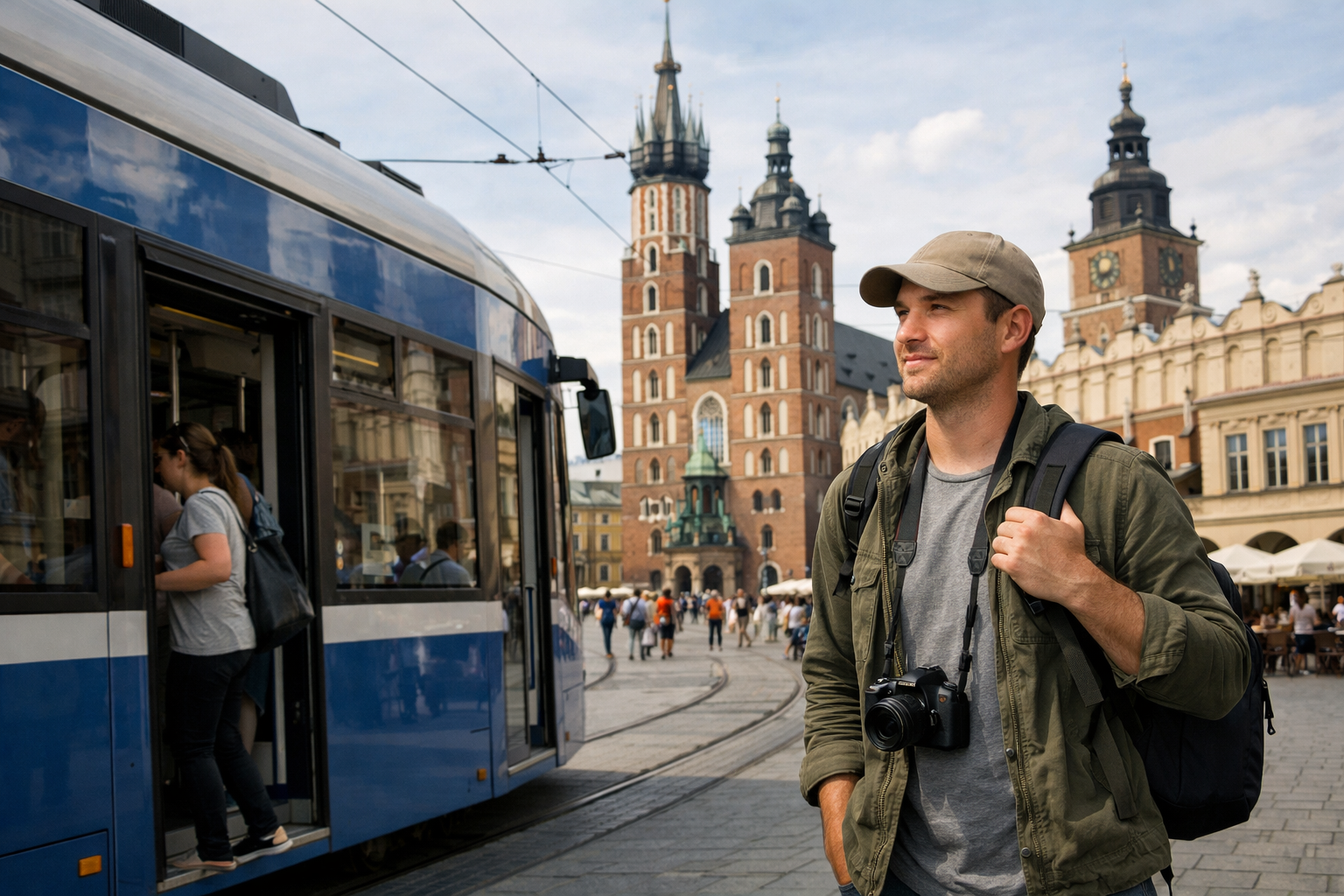 Visitor using public transport in central Krakow