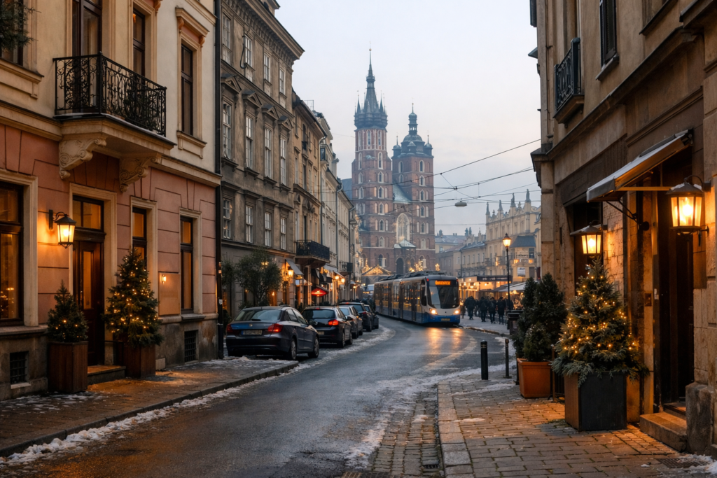 Christmas market stalls on Krakow Main Square