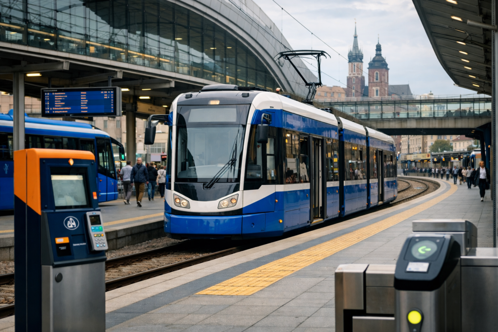 Phone showing a Krakow tram ticket app beside a city tram
